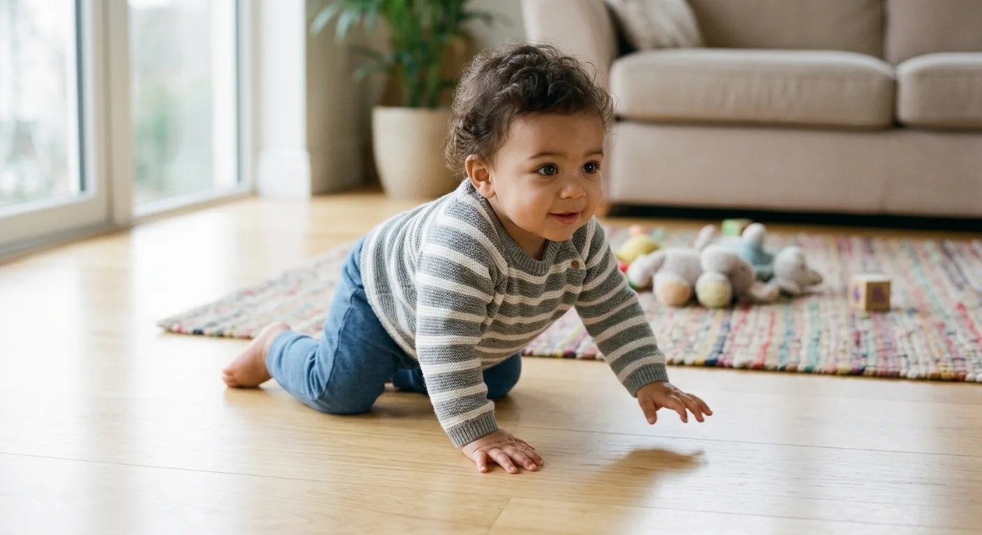An infant crawling on hands and knees across a living room floor